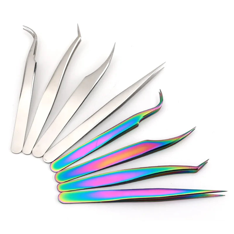 Titanium Color/Silver Set Custom Logo 4pcs/set Stainless Steel Lashes Tweezers Volume Eyelash Extension Tweezers Rainbow