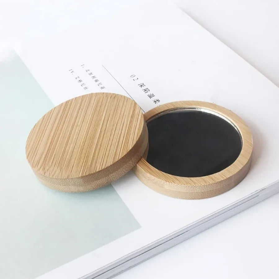 Factory Price Minimalist Bamboo LED Wood Frame Hand Mirror Cosmetic Compact Personalized Logo Decorative Pocket Mirror Makeup 1x