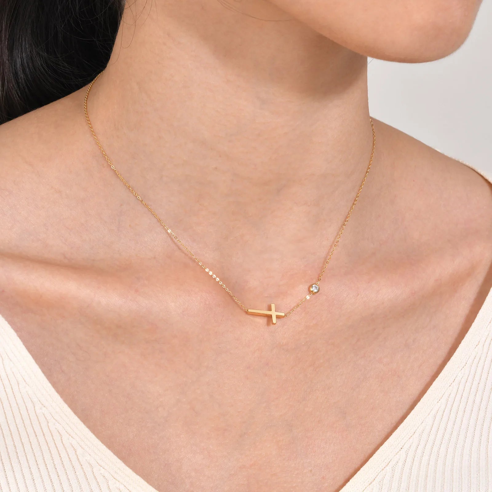 Joolim Jewelry Waterproof  18K Gold Plated Minimlist Simple Chain Sweater Necklace  Zirconia Bar Cross Stainless Steel  Necklace