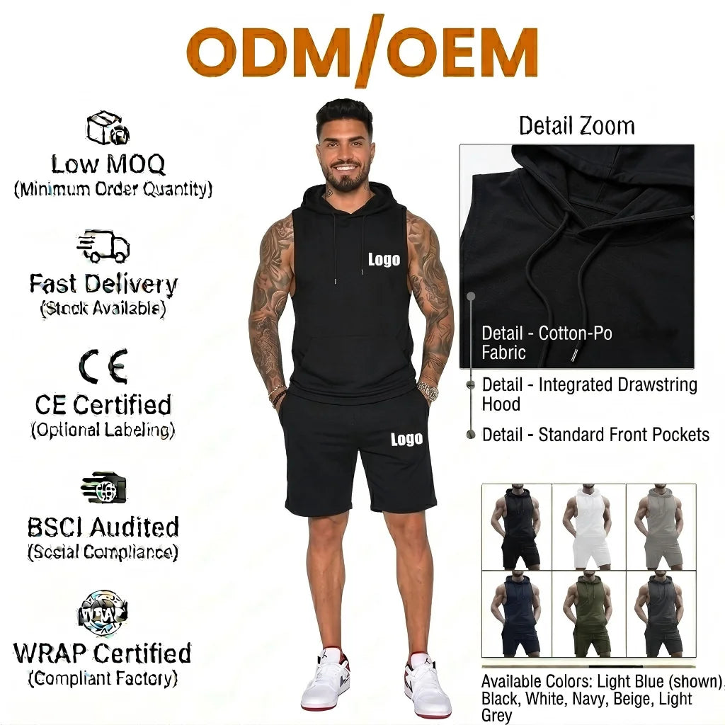 Men's Solid Color Eco-Friendly Breathable Sportswear Two-Piece Set Hooded Gym Fitness Training Activewear Shorts Sweat Suit