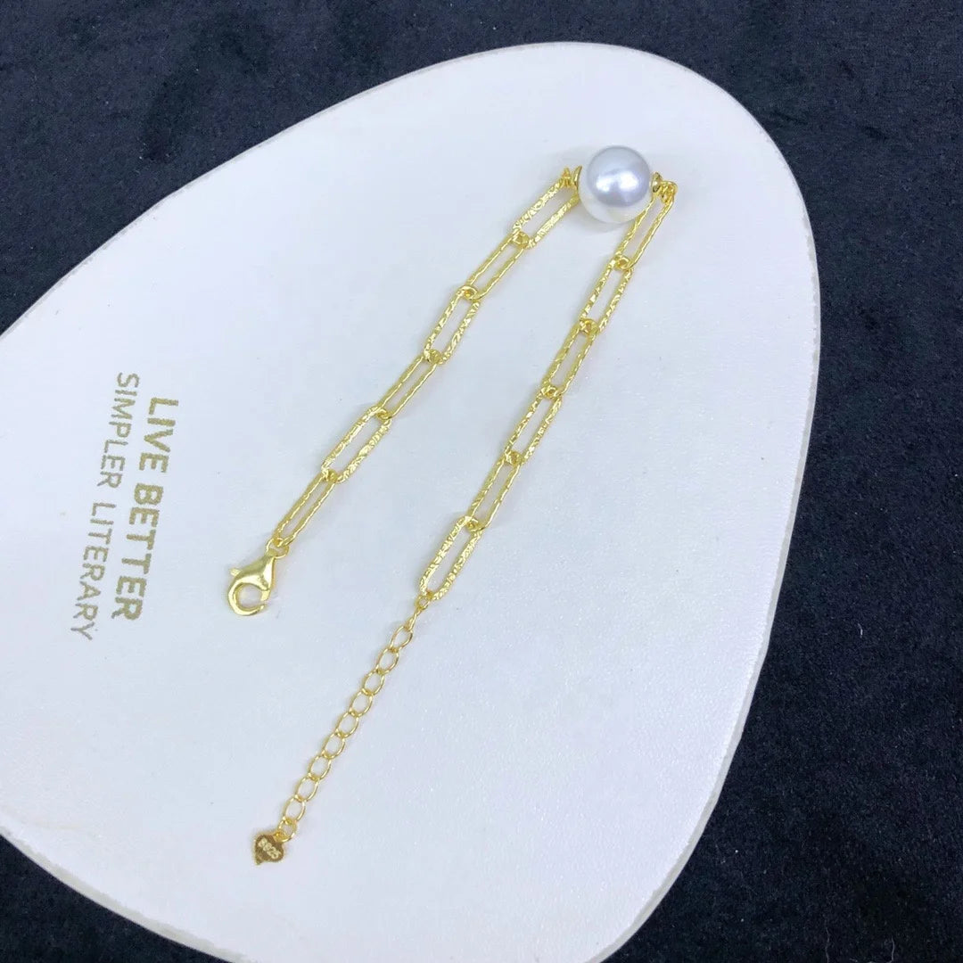 B479 10-11mm 925 Sterling Silver Gold Plated Wholesale Freshwater Pearl Charm Bracelet  Bangle Fancy Jewelry for Women