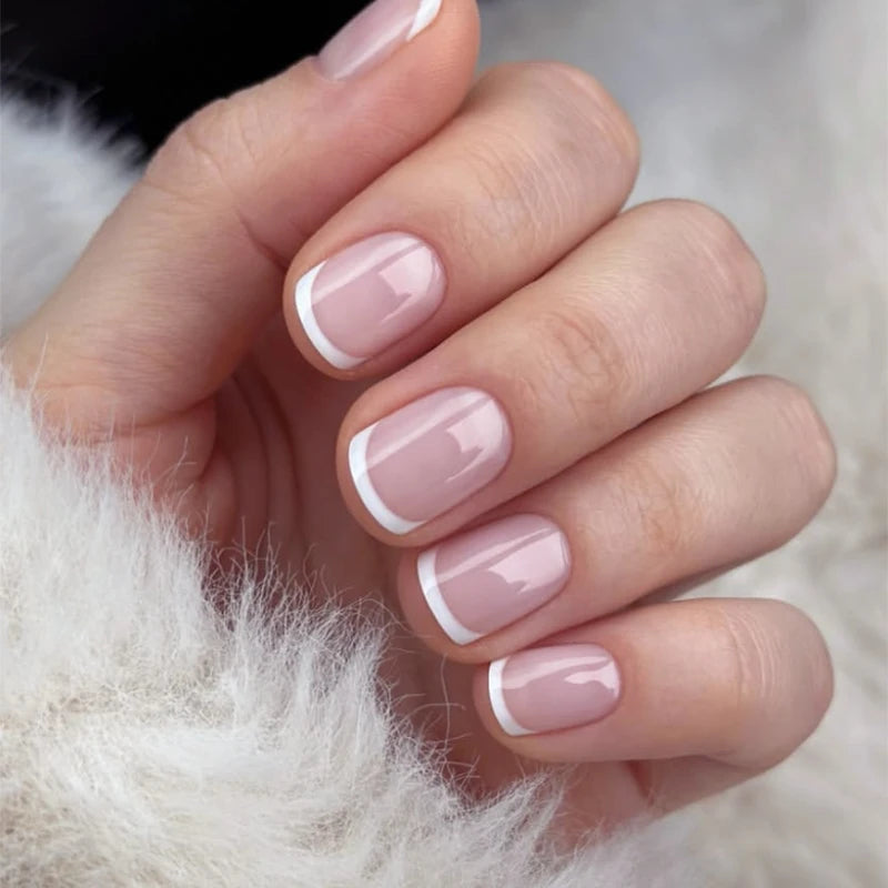 Wholesale 3939 Classic French Soft Pink and White Tips Short Square False Nail Press on Nail Artificial Fingernails Customize