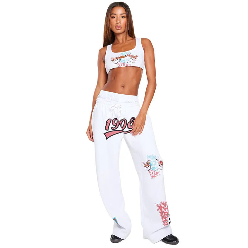 KY Custom Double Waist Sweatpants Skinny Fit O-Neck Crop TEE White Dtg Printed Scoop Neck Sleeveless Short Length Knitting