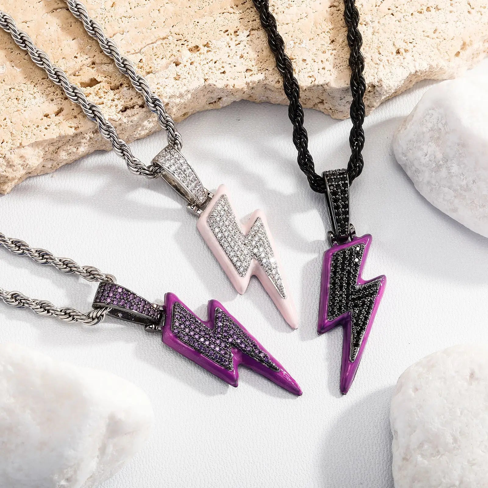 Top Icy Iced Out Purple Pink Luminous Lightning Pendant Brass 18K Gold Plated CZ Fashion Jewelry Pendants Necklace for Women