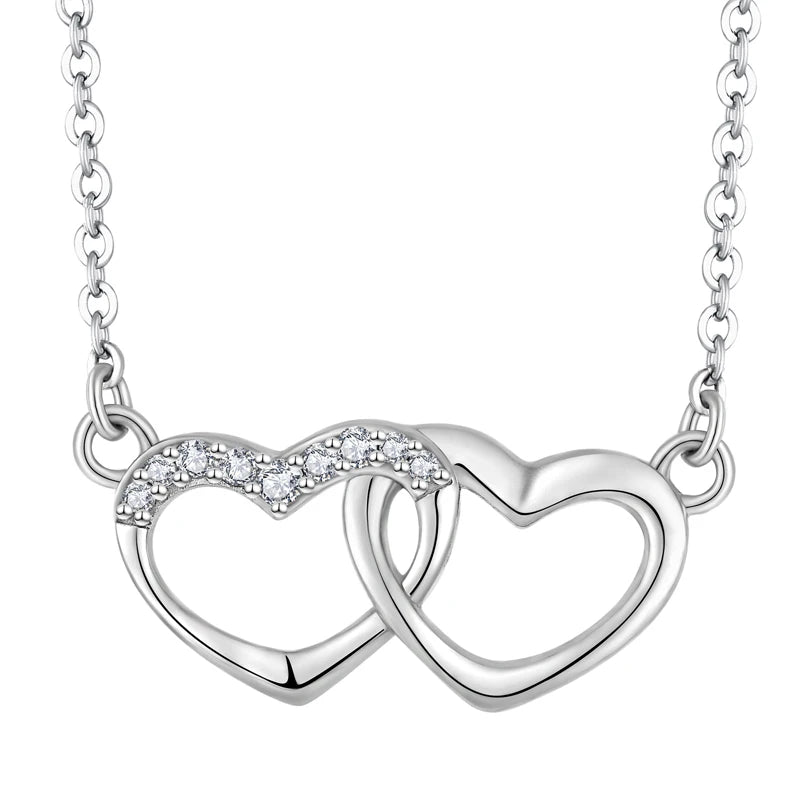 OEM Wholesale Women Children's Anniversary Gifts Choker Necklace Rhodium Plated Sweet 925 Sterling Silver Double Heart Necklace
