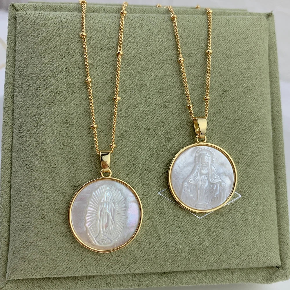 Wholesale Custom Natural White Sea Shell Round Virgin Mary Guadalupe Necklace for Women Religious Jewelry