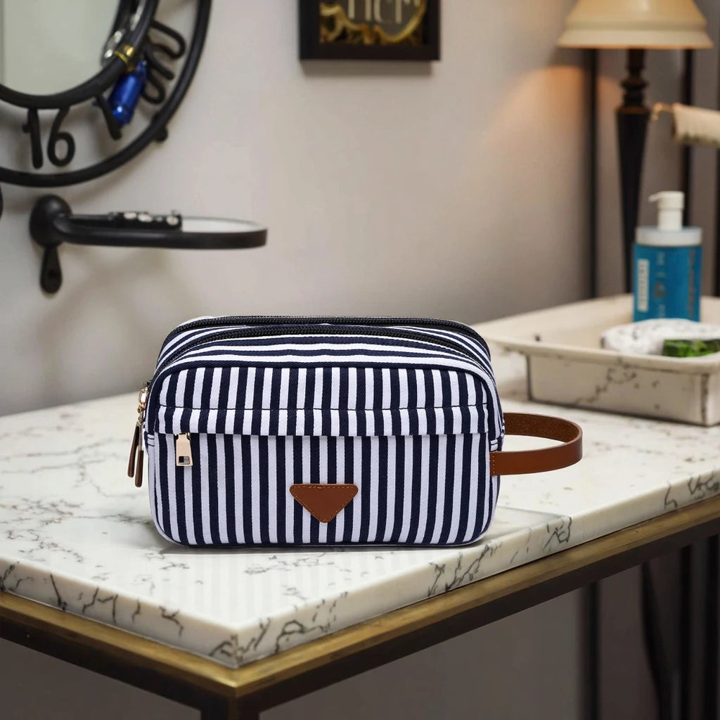 ZUOLUNDUO Professional Cosmetic Makeup Bag Striped Fashion Canvas Cotton PU Fabric Zipper Closure Custom Professional Wash Bag