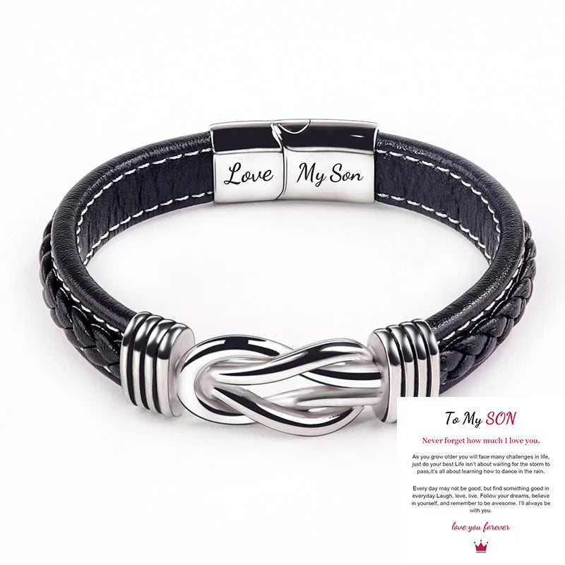 Love You Forever Braided Leather Stainless Steel Magnetic Clasp Beaded Agate Personalized 'My Son My Grandson' Message Jewelry