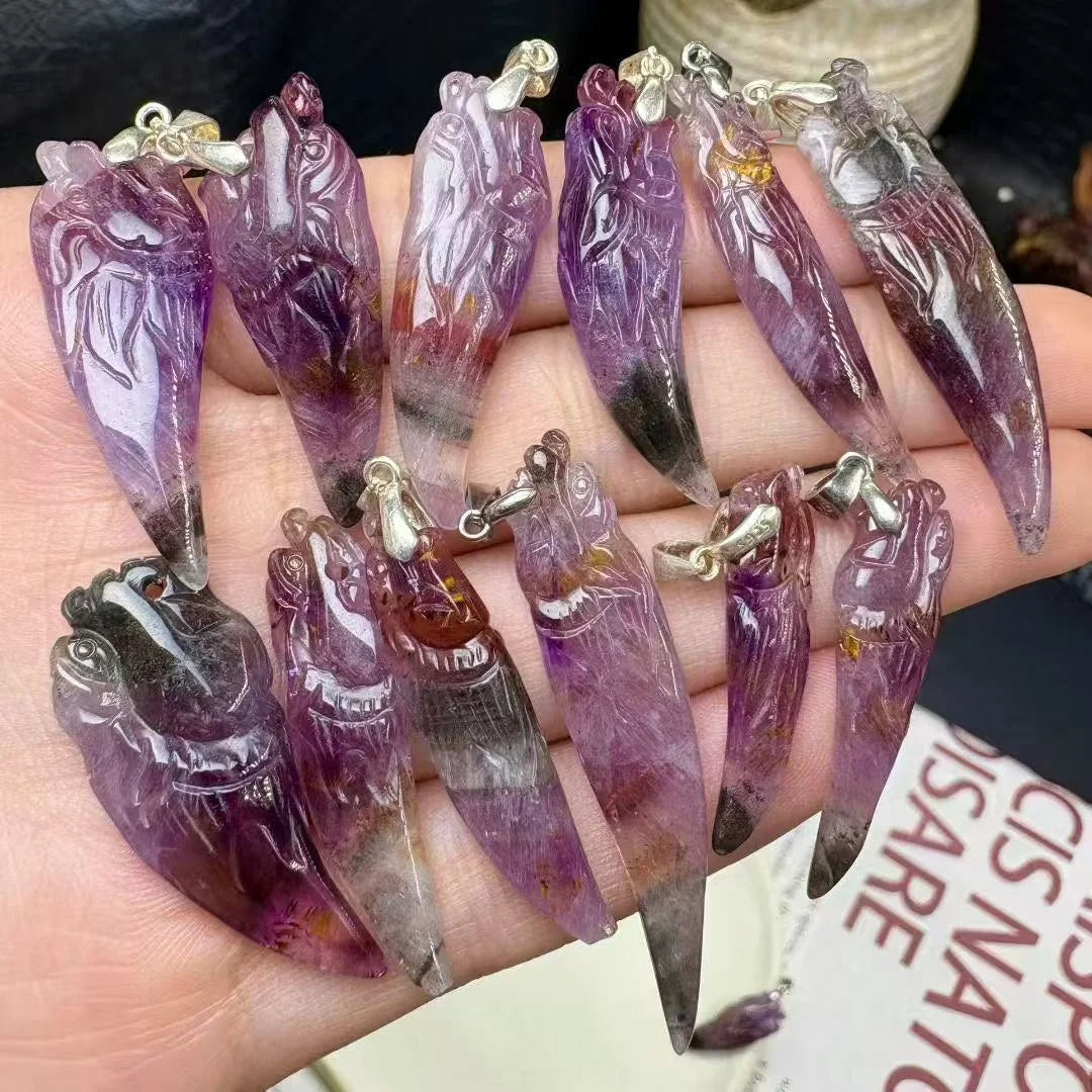 Handmade S925 Silver Healing Crystal Stones Aurora Auralite-23 Wolf Tooth  Charm Pendant