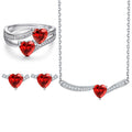 Exquisite Fadeless Cubic Zircon Red Heart Rhodium Plated Fine S925 Silver Jewelry Ring Set for Women