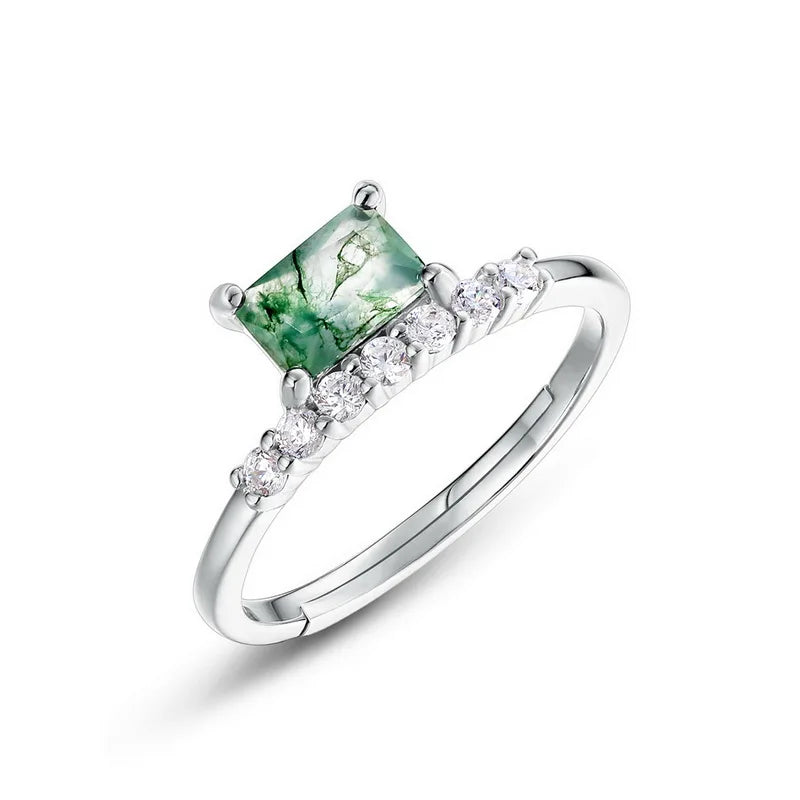 Fashion Jewelry Square Moss Agate 925 Sterling Silver Cubic Zirconia Women's Ring