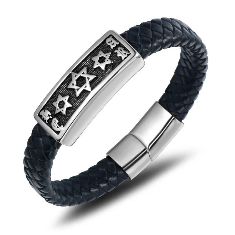 Engraved Custom Black Genuine Leather Stainless Steel Magnetic Jewelry Wholesale Real Leather Bracelets for Men