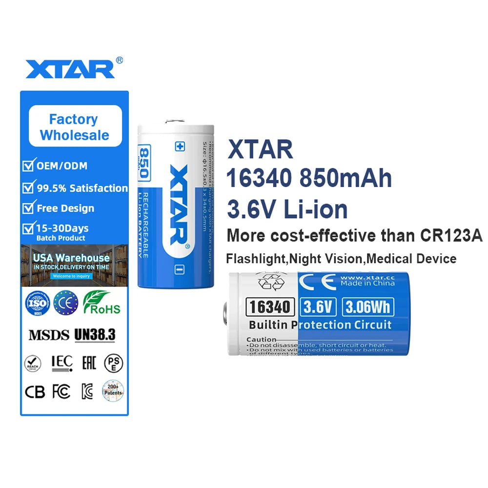 XTAR New 2.5A Continuous Discharge 850mAh Bateria 16340 Li-ion Rechargeable 3.6V 16340 Lithium Ion Battery