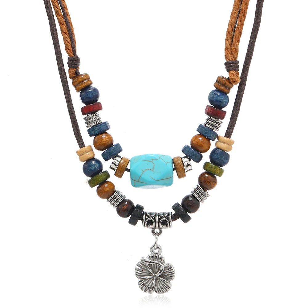 Vintage Style  Double Layer Men Necklace Vintage Leather Tribal Necklace with Charm Pendant