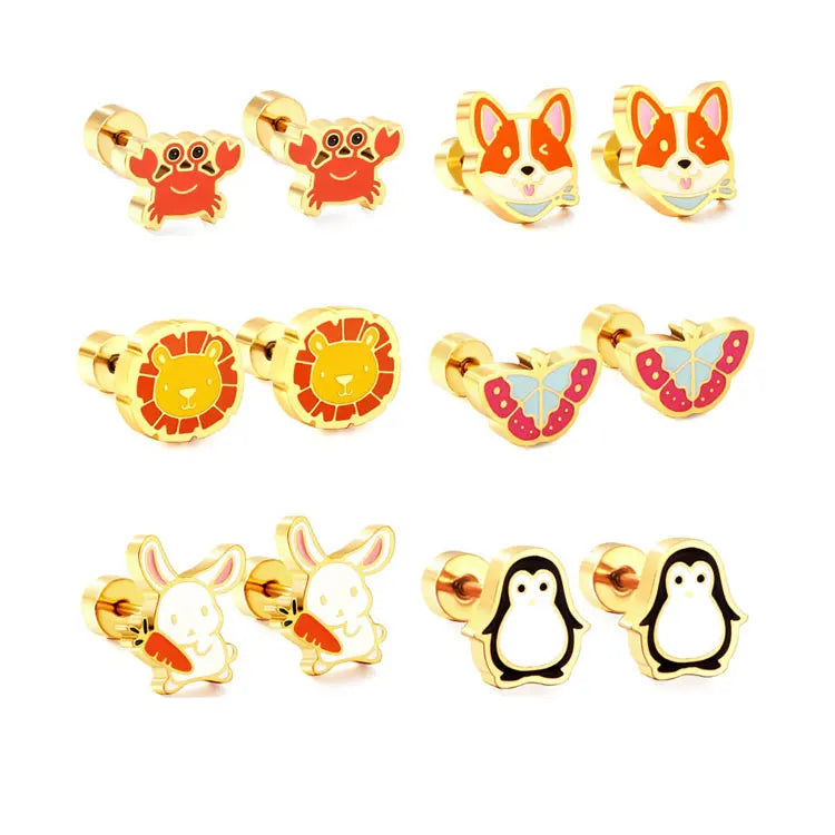 Kids Stainless Steel Animal Stud Earrings Cute Cartoon Gold Rocket Penguin Duck Raccoon Crab Corgi Rabbit Earrings for Girls