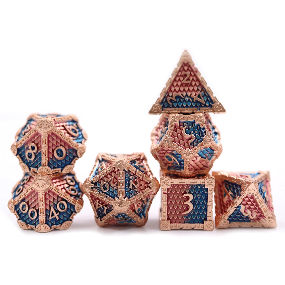 New Design 7 PCS Dragon Scale Metal Dice Set Red & Blue Brass Zinc Alloy for DND Games