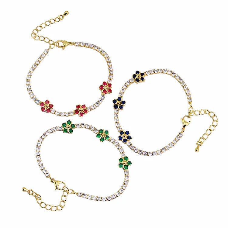 Dainty Chic 18K Gold Plated CZ Flower Tennis Bracelet Colorful Cubic Zirconia Adjustable Bracelet for Women Trendy Jewelry Gift