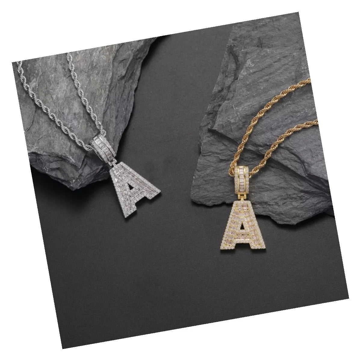 Hip Hops Real 18k Gold Plated 26 Alphabet Initial Pendant Necklace Rope Chain Bling Zircon Initial Letter Necklace