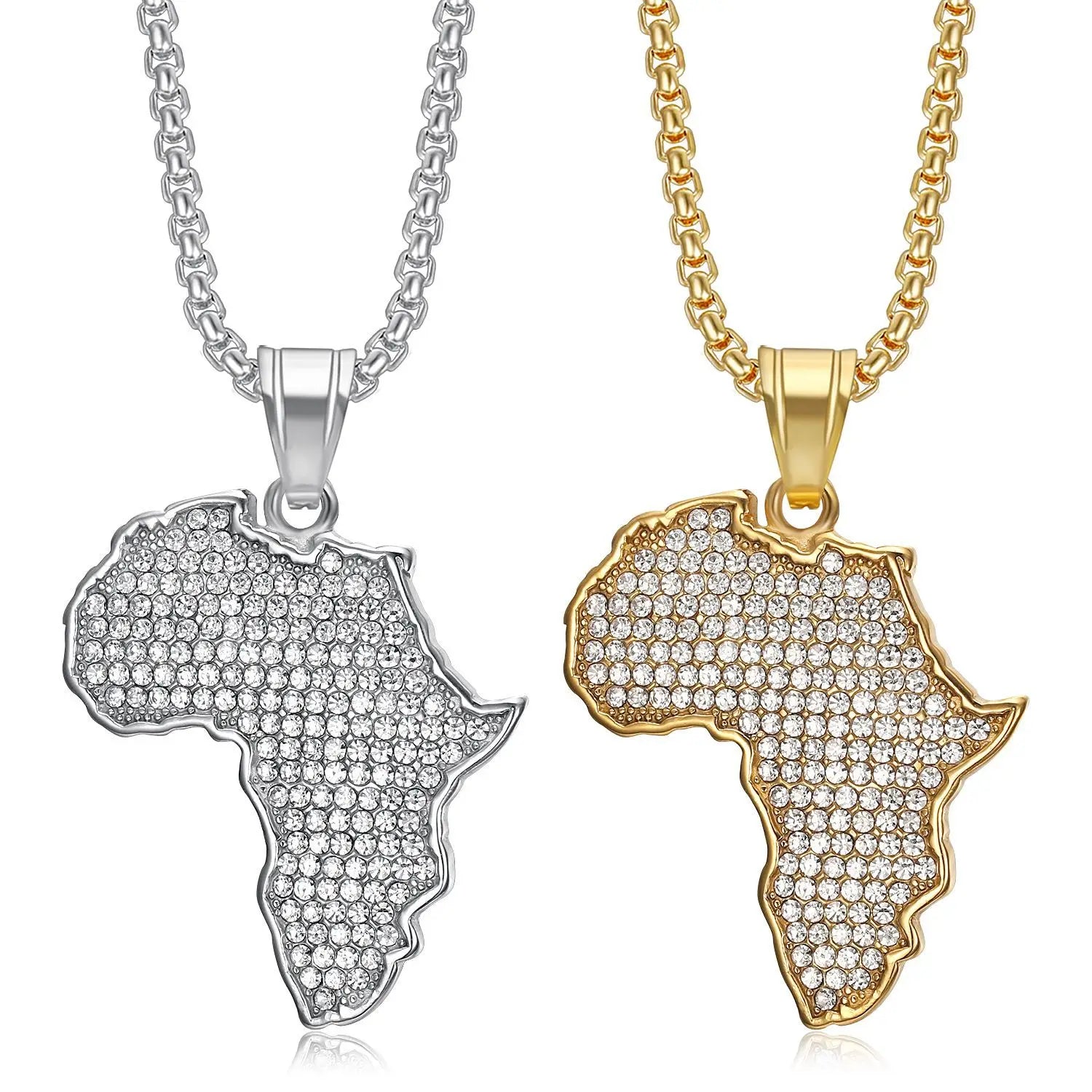 Unisex Stainless Steel African Map Pendant Necklace Gold Plating Zircon Encrusted Trendy Sweater Chain Hip Hop Men's Jewelry