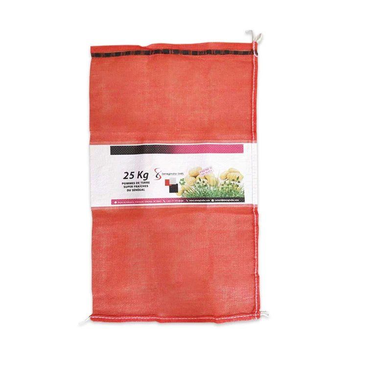 EGP Recyclable Drawstring Poly Mesh Bags Onion Packing 25kg Package Offset Printing Plastic Vegetables Packing Agriculture