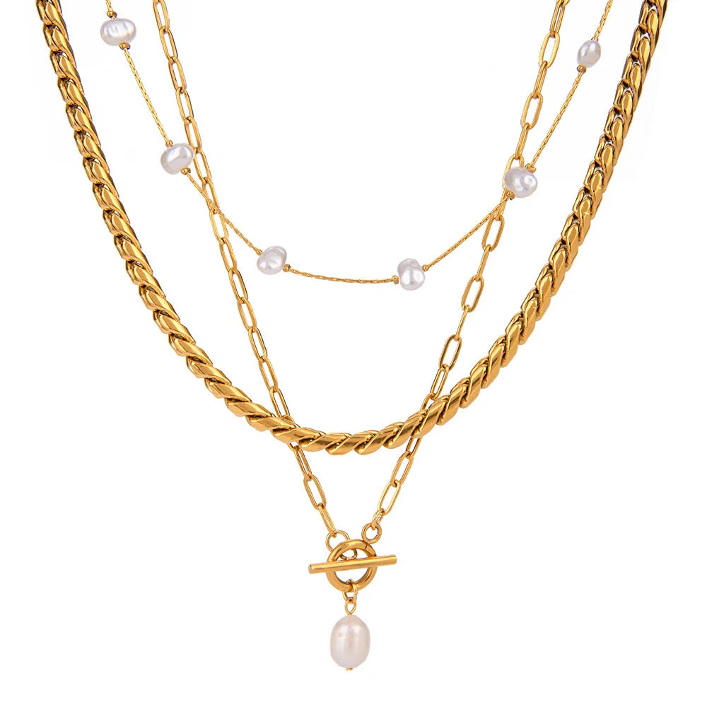 Shescity Trendy Women 18K Gold Plated Stainless Steel Necklace Stacking Designer Pearl Charm Pendant Necklace Jewelry for Women
