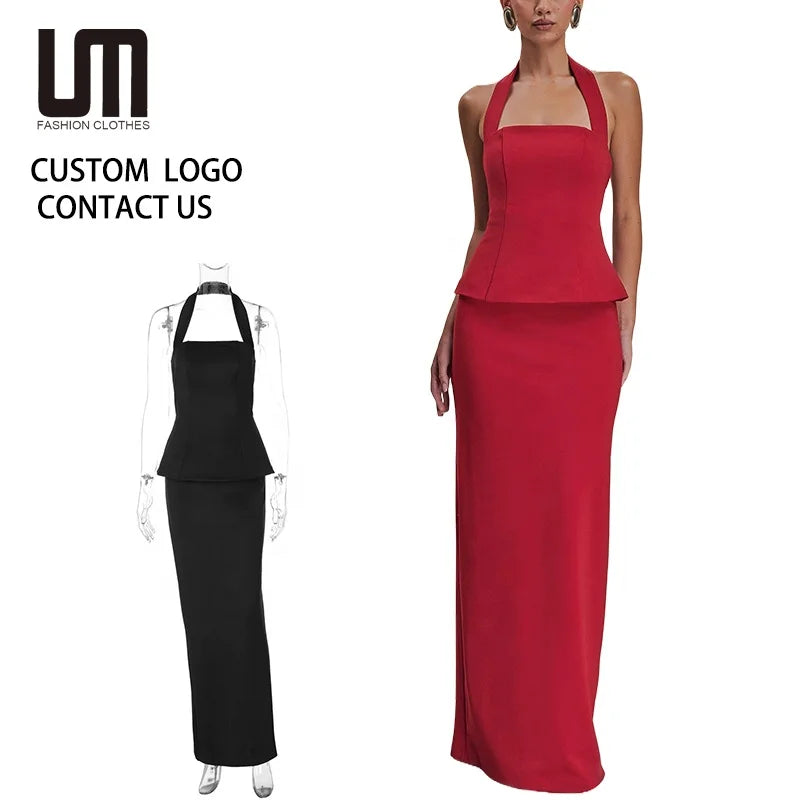 2025 New Women 2-Piece Outfit Set - Elegant Halter Neck Crop Top & High Waist Maxi Skirt (Spring Summer Collection)