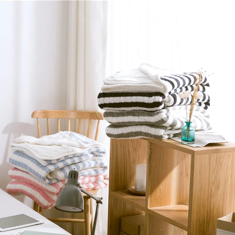 TWJR Thick Cotton Sherpa Striped Knitted Throw Blanket Bed Sofa Hospital