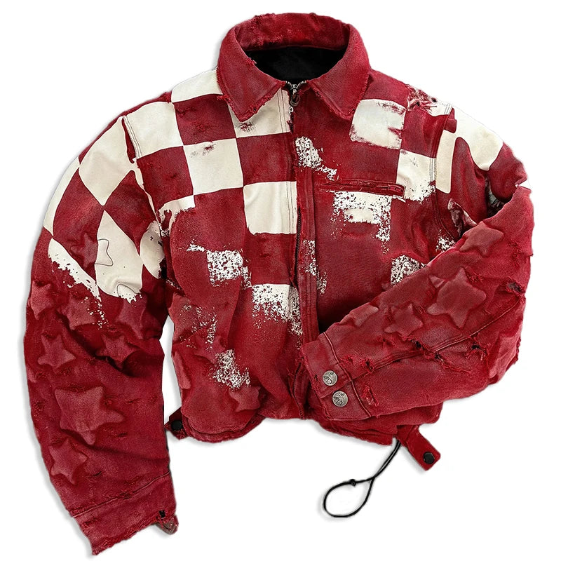 YSJY Wholesale Winter Warm Acid Wash Vintage Checkerboard Color Leather Starfruit Padded Heavy Jacket for Unisex