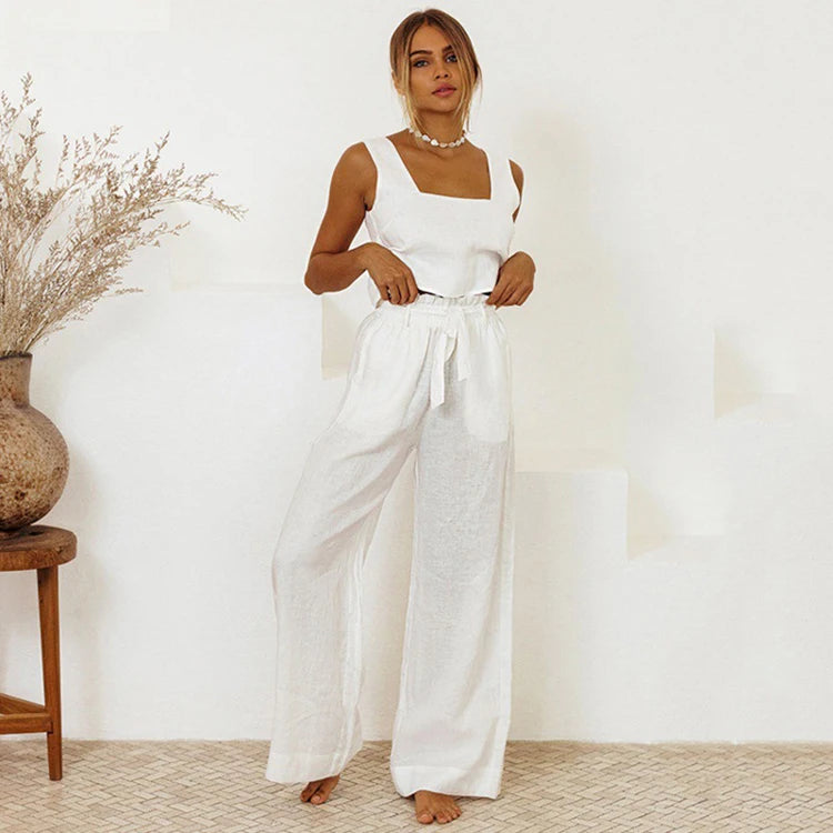 2026 New Cotton Linen Vest Pants Loose Women Set Fashion Two Piece Set