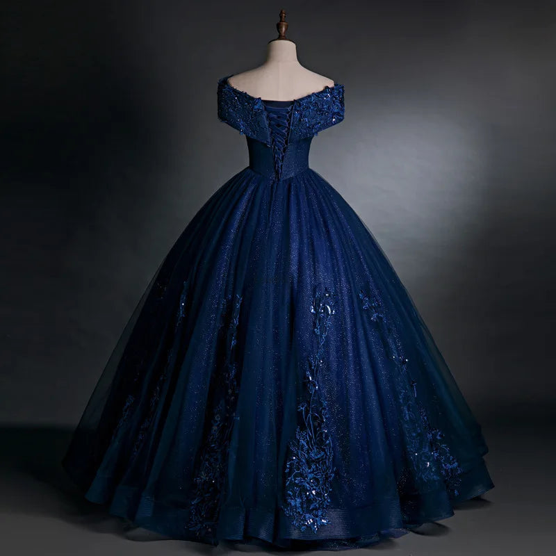 Navy Blue Bling  Quinceanera Prom Dress Off the Shoulder Sleeves Evening Party Gown for Women Lace up Lace Appliques