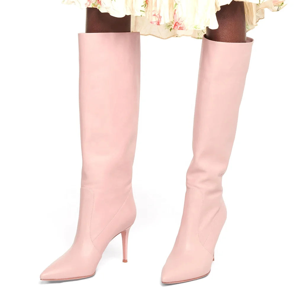 Stiletto Heel Pointed Toe Plus Size Winter Women Shoes Party Pink Heel Boots PU Knee Boots for Ladies