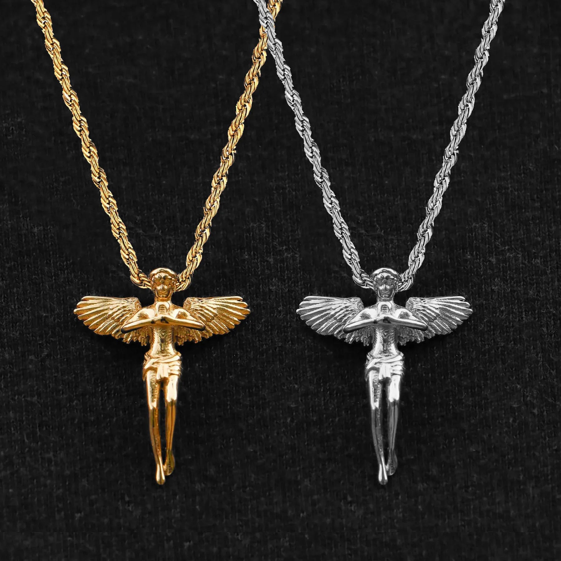 Non Tarnish Cupid Angel Revenge Pendant Necklace Wholesale Gold Jewelry Pryaing Angel Necklace Custom Men Women Cross Necklaces