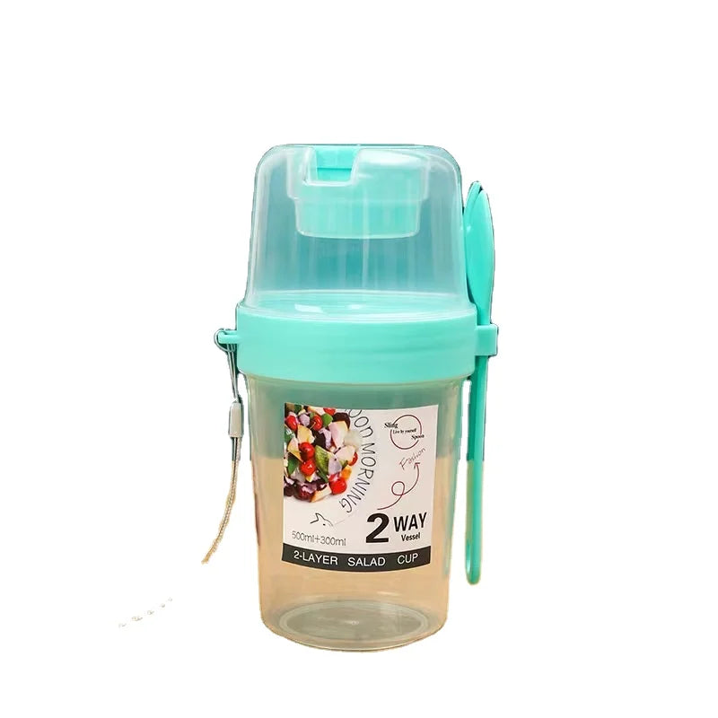 Portable Yogurt Cereal Cup Salad Dressing Holder Containers Double Neck Fruit Salad Meal Shaker Cup With Fork
