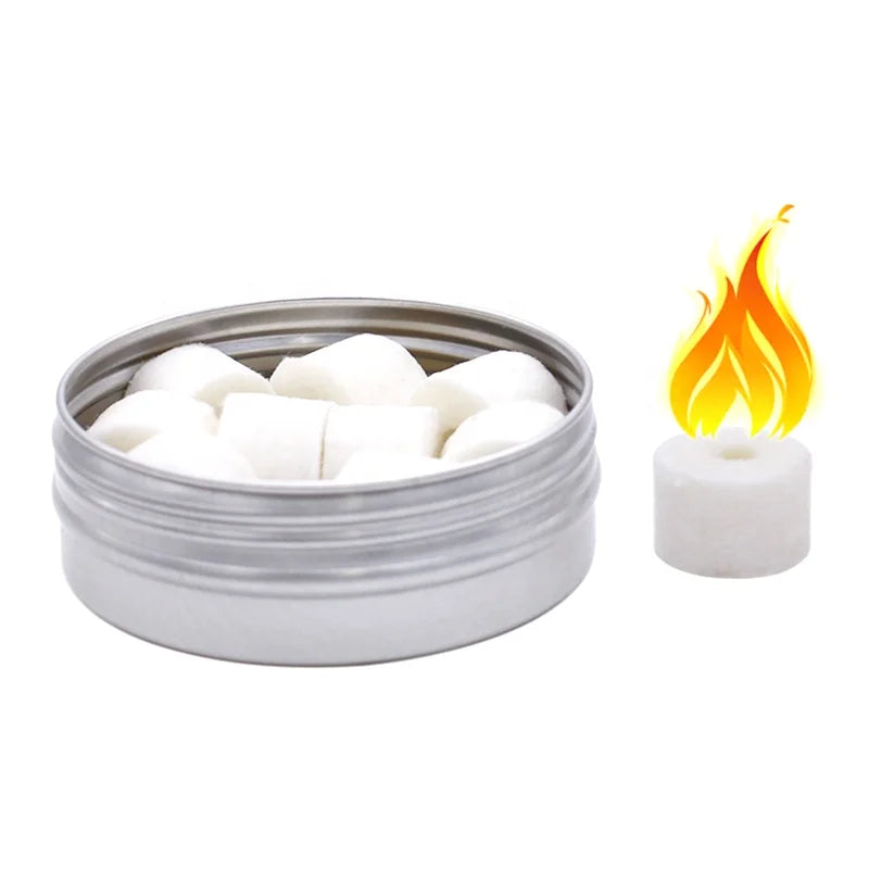 Outdoor Portable Paraffin Wax Cotton Solid Fuel Camp Fire Starter Cube 40g 2.8x6.6cm 10 Pcs Tin Box Woodburning Stove Custom