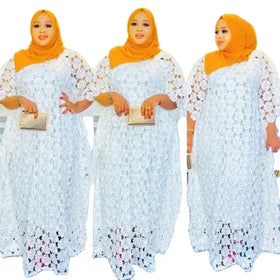 Modest African Summer Lace Dress Set With Inner Mesh Breathable Boubou Dresses Suit for Women K0318