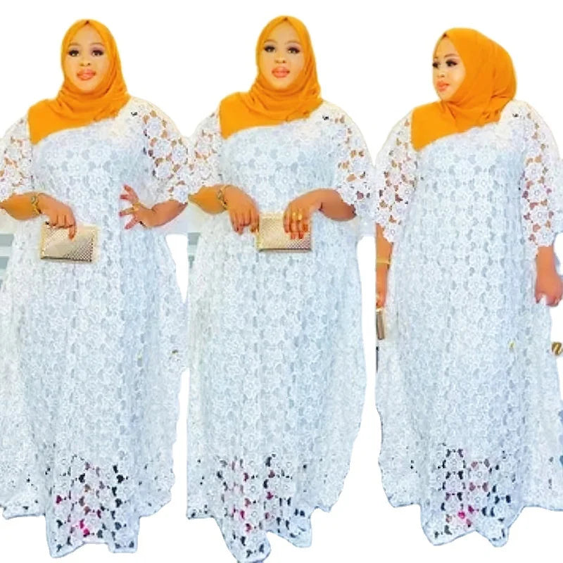 Modest African Summer Lace Dress Set With Inner Mesh Breathable Boubou Dresses Suit for Women K0318