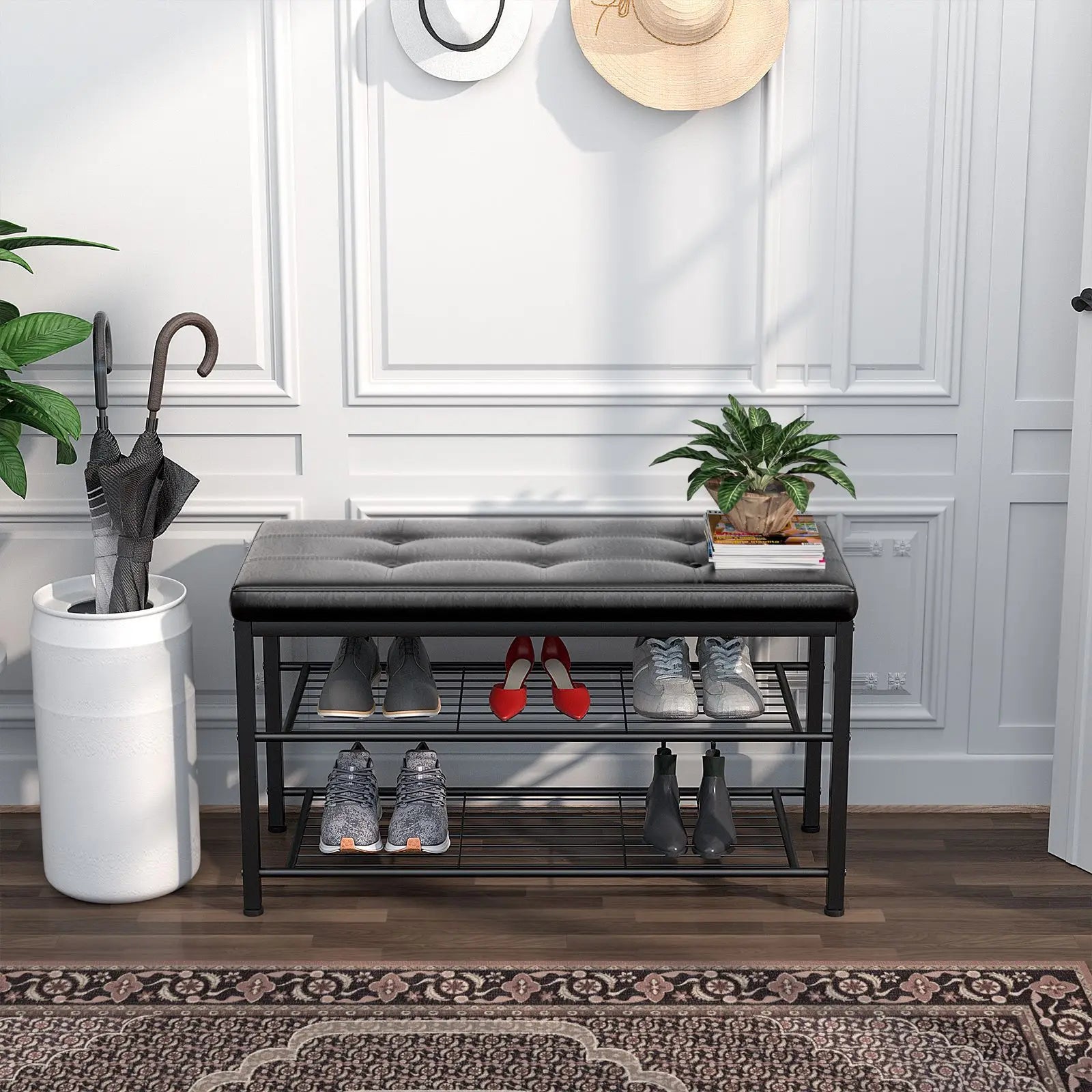 Minimalist Modern Upholstered Leather and Metal Storage Shoe Rack Bench for Home