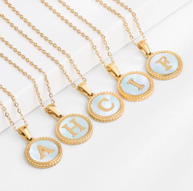 Trendy 18K Gold Plated Stainless Steel Minimalist 26 A-Z Letter Alphabet Initial White Shell Pendant Link Chains Unisex Gift