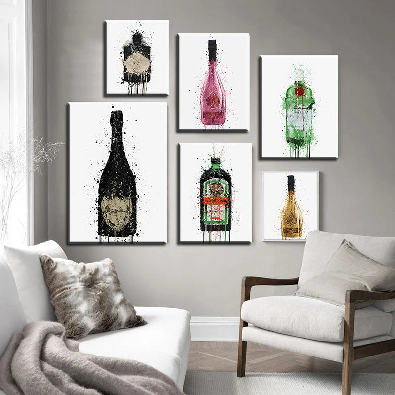Champagne Bottle and Red Wine Pop Graffiti Wall Art Pictures and Posters Print on Canvas for Home Decoration Cuadros Living Room