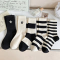 5 Pairs Women's Black and White Striped Socks Set Minimalist Style Embroidered Women's Sports Socks Cotton Socks