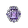 Graceful Rhodium Plated 925 Sterling Silver Natural Amethyst Flower Ring for Women Birthday Gift