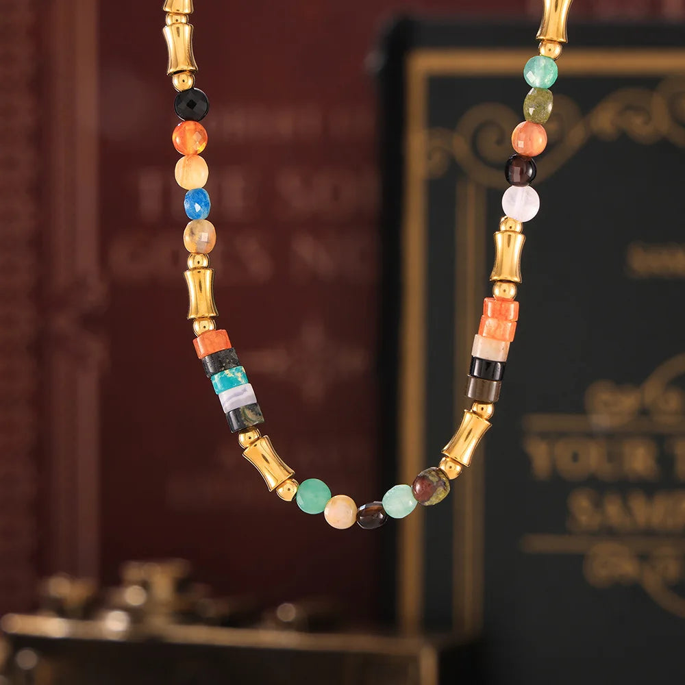 Hot Sale Stainless Steel Bohemian Vintage Necklace 18K Gold Plated Colorful Natural Stone Cylinder Jewelry for Wholesale
