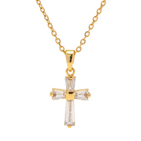 Simple Fashion 18K Pvd Gold Plated Stainless Steel Necklace Crystal Zircon Jesus Cross Pendant Necklace for Women