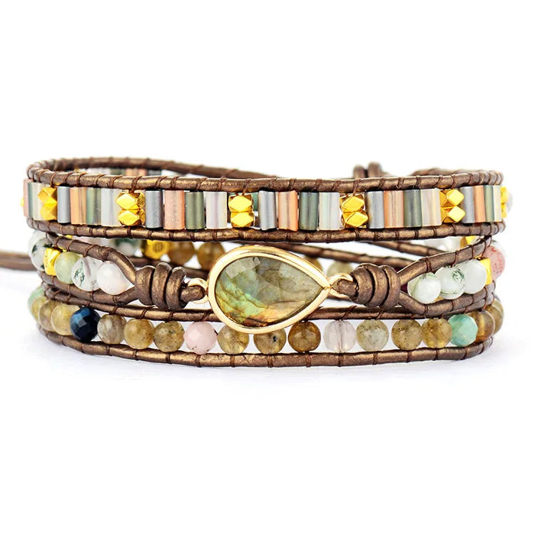 Handmade 3-wrap Natural Stone Beads Leather Cord Boho Beads Wrap Around Friendship Bracelet Travel Bracelets Jewelry