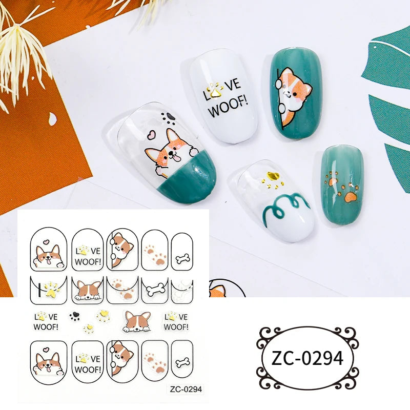 2D Cute Cartoon DIY Anime Design Self-Adhesive Nail Art Plastic Decals Stickers PET Material for Girls and Kids