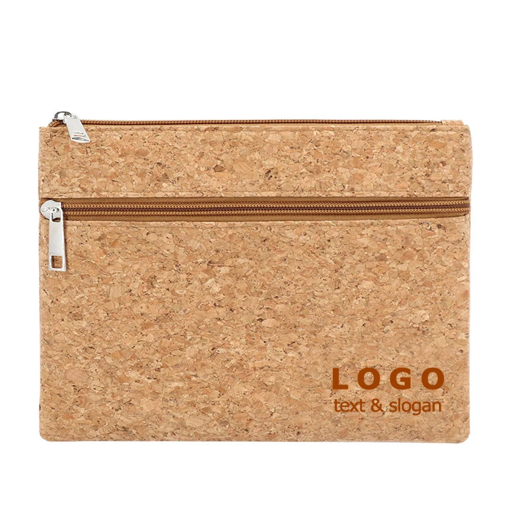 Manufacturer Custom Eco Natural Cork Fabric Two Zipper Organizer Pouch Private Label Logo Makeup Stationery Tools Gift Bag