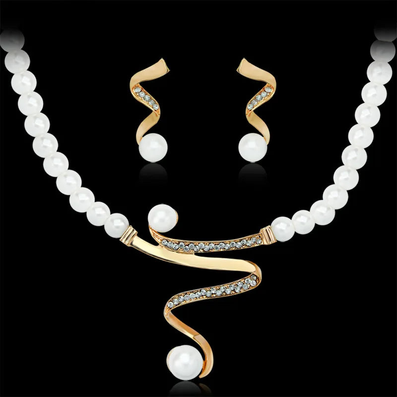 Classic Retro Clavicle S-shaped Pearl Earrings Necklace Jewelry Set Women
