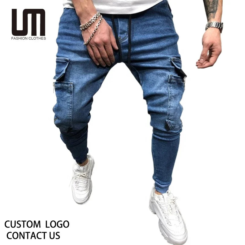 2025 New Arrivals Men's Cargo Jeans Pocket Mid Waist Denim Pants Plus Size Wholesale OEM
