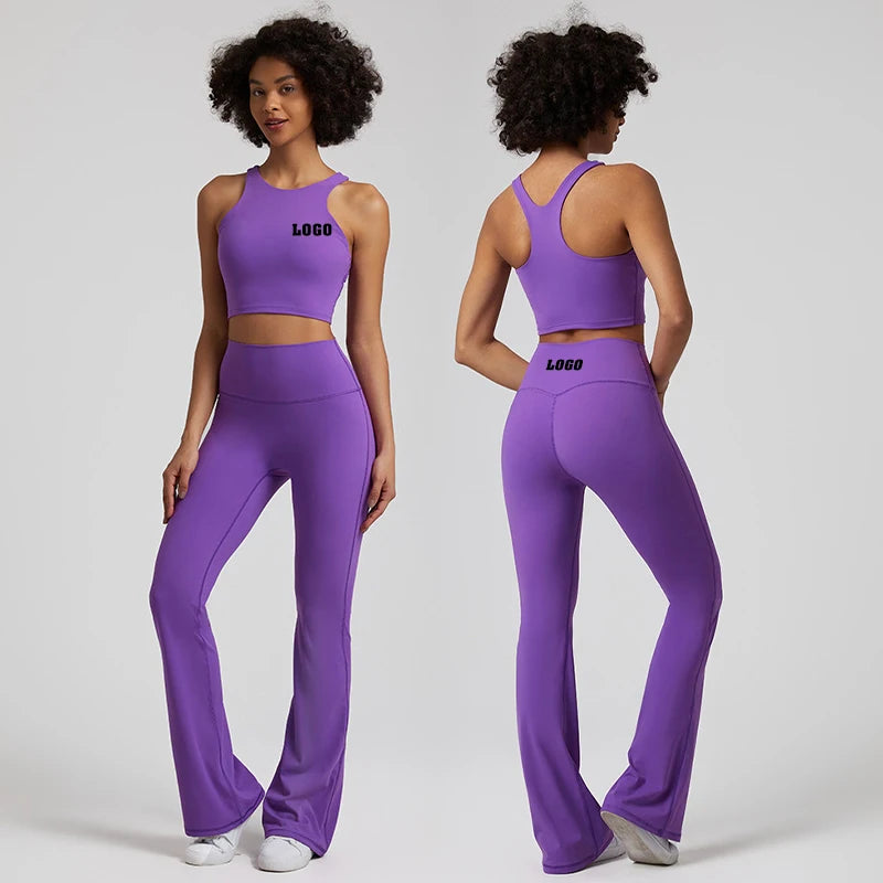 Good Quality Ladies High Neck Racer Back Sports Bra Wide Leg Flared Yoga Pants 2 Pcs Yoga Set Women Workout Fitness Gym Wear