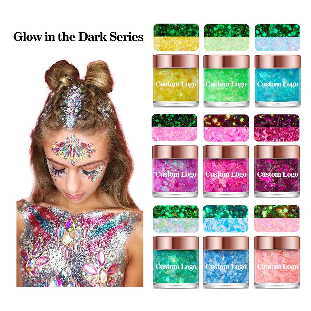 Shinein Self-Adhesive Chunky Glow in the Dark Glitter Gel Eyeshadow Cosmetic Body Glitter Gel for Raves Festivals